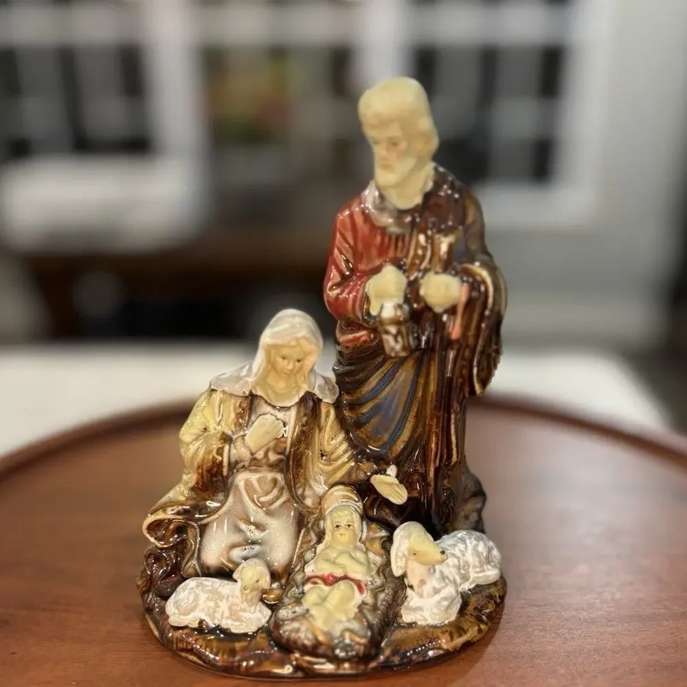Vintage Ceramic Nativity Scene Figurine Mary Joseph Baby Jesus‎ Sheep Statue